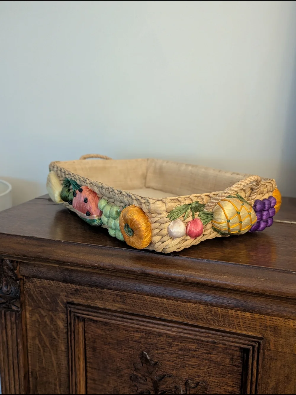 Raffia Fruit Tray Basket  Handmade in Philippines Vintage Set Of 2 Nesting